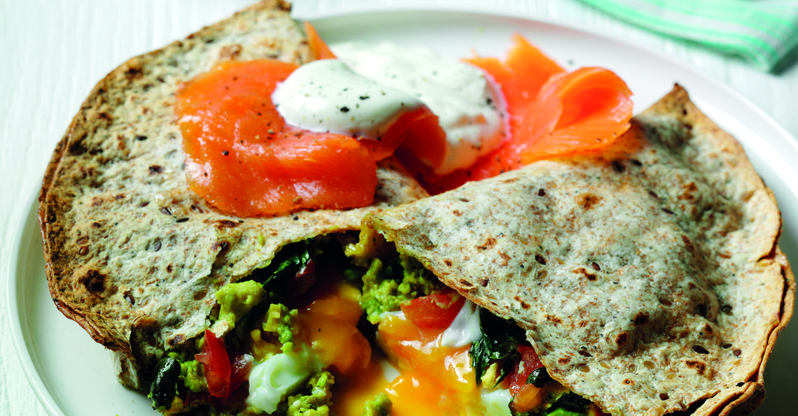 Avocado and egg quesadilla with salmon