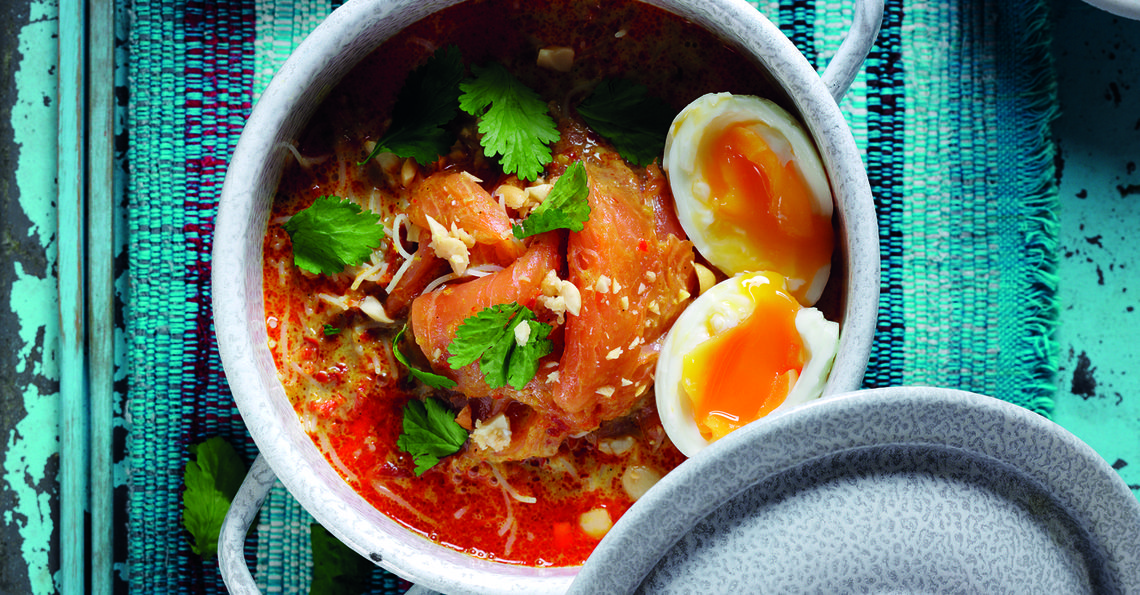 Smoked Salmon Laksa with soft boiled egg 