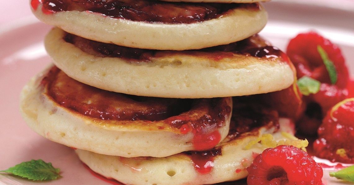 Raspberry ripple pancakes with quick compote