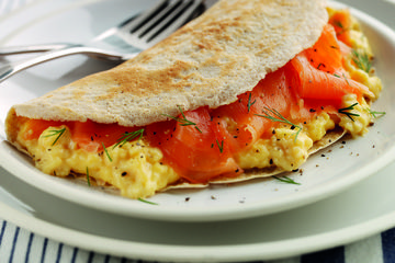 Oat pancakes with smoked salmon and eggs