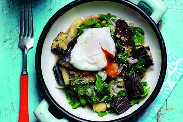 Egg-topped smokey aubergine salad