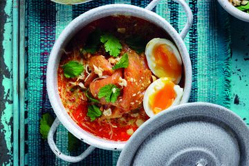 Smoked Salmon Laksa with soft boiled egg 